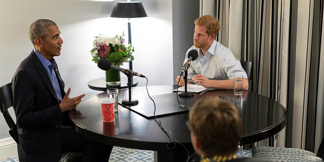 Prince Harry, right, interviews former US President Barack Obama as part of his guest editorship for BBC Radio 4.