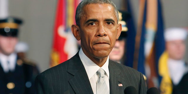January 28, 2015: U.S. President Barack Obama delivers remarks at the armed services farewell in honor of Defense Secretary Chuck Hagel at Joint Base Myer-Henderson Hall in Virginia.