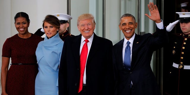 Michelle and Barack Obama and Melania and Donald Trump on Inauguration Day.