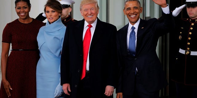 Michelle and Barack Obama and Melania and Donald Trump on Inauguration Day.