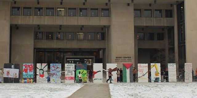 Pro-Palestine activists erected this "apartheid wall" in front of the entrance to a library on the Oberlin campus.
