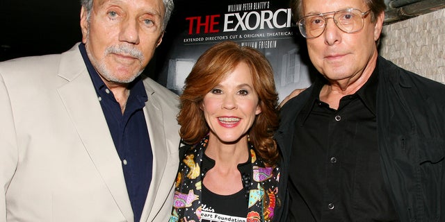 In this Sept. 29, 2010 file photo released by Starpix, "The Exorcist" author William Peter Blatty, left, joins Linda Blair, who starred in the 1973 film and William Friedkin, the film's director, at a screening of the remastered film at the Museum of Modern Art in New York.