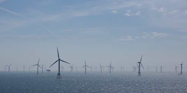 The wind turbines are pictured at the RWE Offshore Windpark Nordsee Ost in the North Sea, 30 kilometers from Helgoland, Germany.