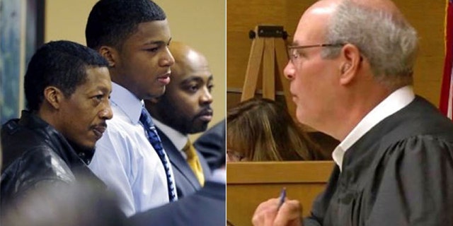 Jefferson County Judge Joseph Bruzzese Jr., right, was shot while walking toward a courthouse in Ohio Monday. The gunman was identified as Nathaniel Richmond, seen wearing black at left, with his son, Ma'lik Richmond, and attorney Walter Madison in 2013.
