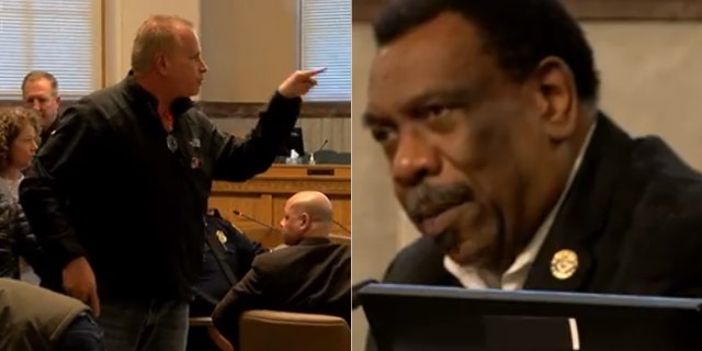 Kyle Plush's uncle confronts a Cincinnati councilman over comments during a meeting on Tuesday.