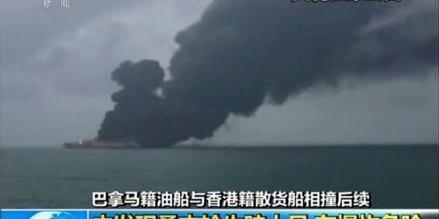 The Panama-registered tanker "Sanchi" is seen ablaze after a collision with a Hong Kong-registered freighter.