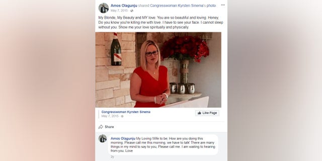 “My Blonde, My Beauty and MY love: You are so beautiful and loving," Olagunju wrote on Facebook about Rep. Sinema.