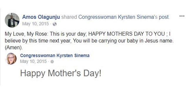 "You will be carrying our baby in Jesus name," Olagunju wrote when sharing a Mother's Day Facebook post from Rep. Snema.