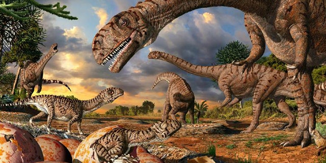 An artist's recreation of Golden Gate Highlands National Park, South Africa, where paleontologists have unearthed the oldest known dinosaur nesting site, dating to 190 million years ago.