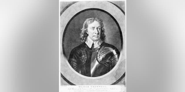 A portrait of Oliver Cromwell in armor.