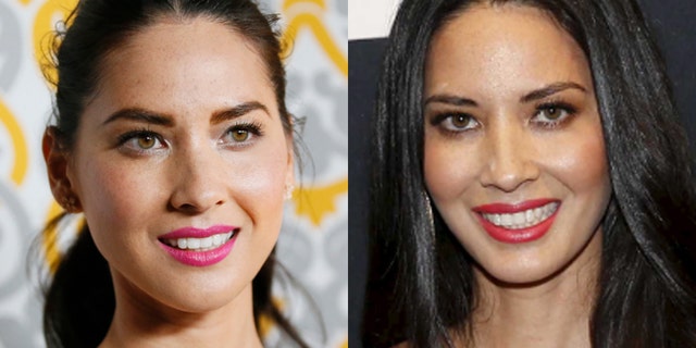 Olivia Munn on Nov. 5, 2014, left, and on Feb. 14, 2016. (REUTERS)