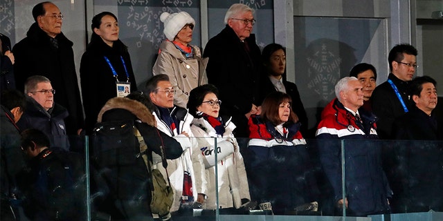 Left to right: Kim Yo Jong, sister of North Korean leader Kim Jong Un, South Korean President Moon Jae-in, German President Frank-Walter Steinmeier, U.S. Vice President Mike Pence and Japanese Prime Minister Shinzo Abe attend the Winter Olympics opening ceremony.
