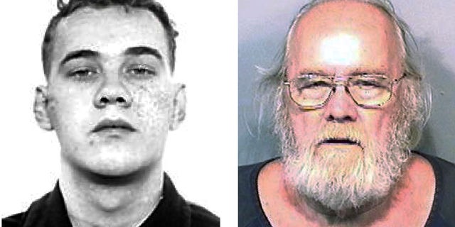 FILE - This pair of photos shows Frank Freshwaters, left, in a Feb. 26, 1959, Ohio State Reformatory photo released by the U.S. Marshals Service, and right, in a May 4, 2015, booking photo released by the Brevard County Sheriff's Office in Florida. (Ohio State Reformatory and Brevard County Sheriff's Office via AP, File)