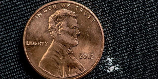 A lethal dose of fentanyl is pictured next to a penny.