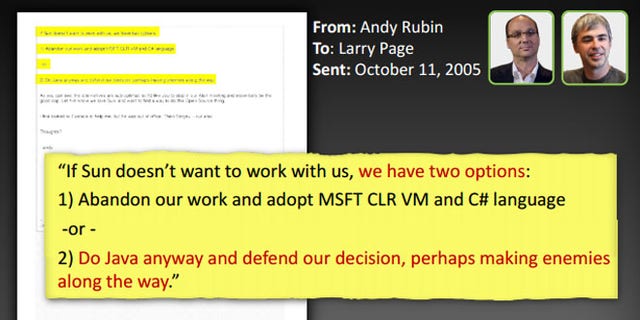 April 17, 2012: A 91-slide PowerPoint presentation released by Oracle lays out the company’s case. The presentation quotes Google executives extensively arguing about the need to either license Java or simply plow ahead full steam -- damn the consequences.