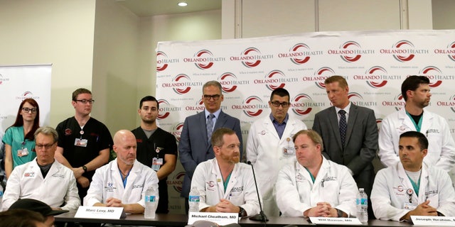 June 14, 2016: Doctors and medical staff that treated the victims of the Pulse nightclub shooting answer questions at a news conference at the Orlando Regional Medical Center.