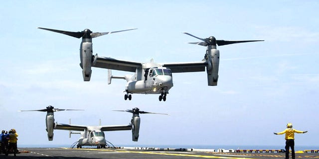 V-22 Osprey aircraft operate in close proximity during recent flight deck developmental testing.