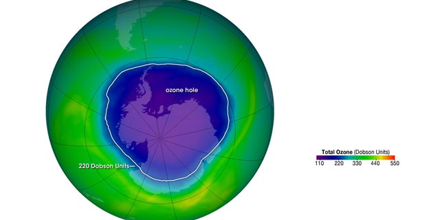 The ozone hole is the region over Antarctica with total ozone of 220 Dobson Units or lower. The data were acquired by the Ozone Monitoring Instrument on NASA’s Aura satellite.