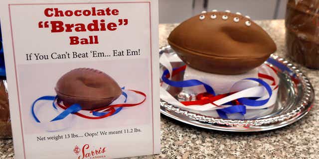 Jan. 28, 2015: A "deflated" chocolate football called a "Bradie" Ball is on display at Sarris Candy store in in Canonsburg, Pa.