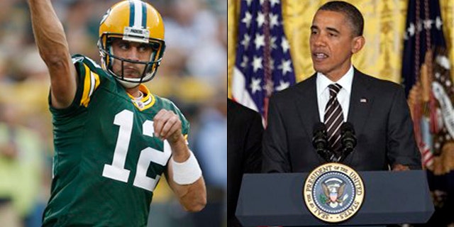 Shown here are Green Bay Packers quarterback Aaron Rodgers, left, and President Obama.