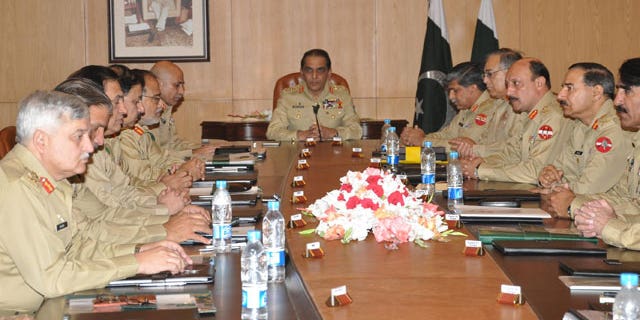 In this Thursday, May 5, 2011 photo provided by Inter Services Public Relation department, Pakistan's army chief General Ashfaq Parvez Kayani, center, presides the Corps Commander conference at General Headquarters in Rawalpindi, Pakistan. (AP)