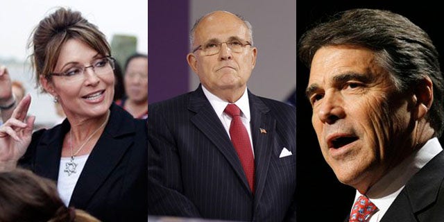 Shown here are former Alaska Gov. Sarah Palin, left, former New York City Mayor Rudy Giuliani, center, and Texas Gov. Rick Perry.