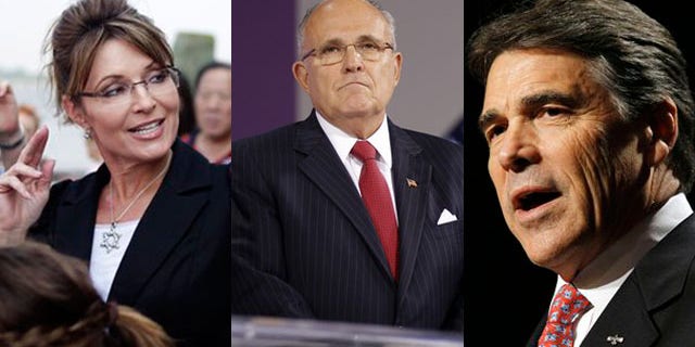 Shown here are former Alaska Gov. Sarah Palin, left, former New York City Mayor Rudy Giuliani, center, and Texas Gov. Rick Perry.