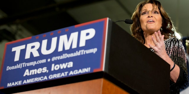 Jan. 19, 2016: Former Alaska Gov. Sarah Palin, left, endorses Republican presidential candidate Donald Trump during a rally at Iowa State University in Ames. (AP Photo/Mary Altaffer)