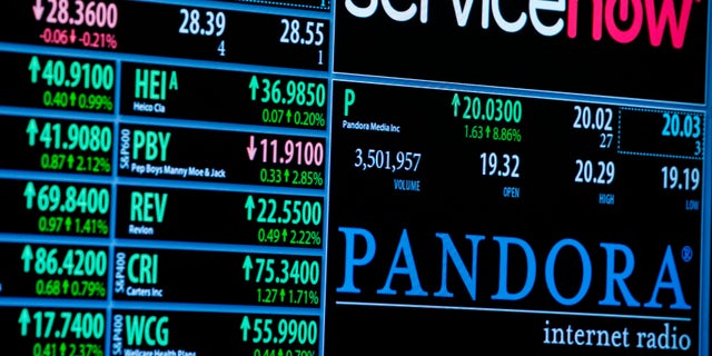 July 1, 2013: A screen displays the name of music streaming company Pandora on the floor of the New York Stock Exchange shortly after the start of trading in New York.