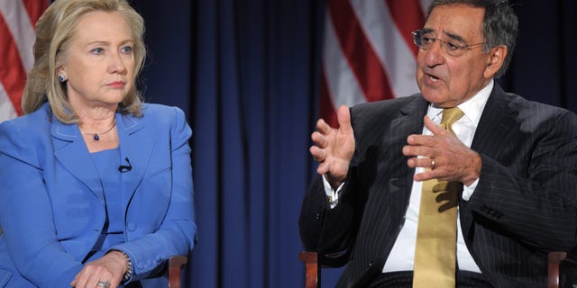 Defense Secretary Leon Panetta, accompanied by Secretary of State Hillary Rodham Clinton, speaks during an event at the National Defense University in Washington, Tuesday, Aug. 16, 2011.