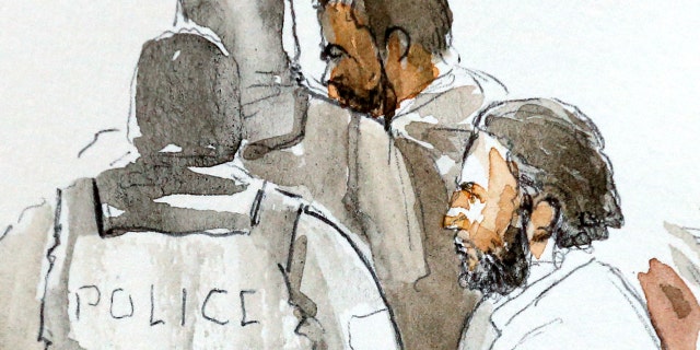 A court artist drawing shows Salah Abdeslam, one of the suspects in the 2015 Islamic State attacks in Paris, on Feb. 5.