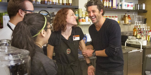 Jan. 4, 2013: Patrick Dempsey meets the staff at the Tully's Coffee in Seattle.