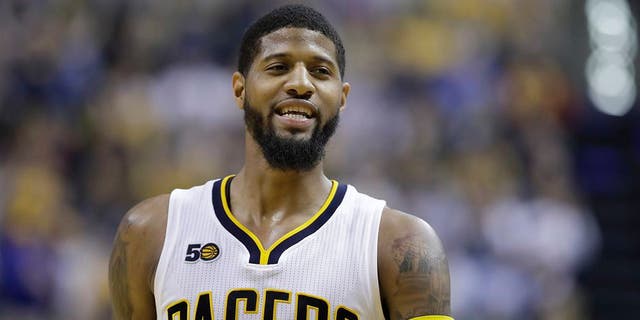 Indiana Pacers' Paul George in action during the second half of an NBA basketball game against the Atlanta Hawks, Wednesday, April 12, 2017, in Indianapolis. Indiana defeated Atlanta 104-86. (AP Photo/Darron Cummings)