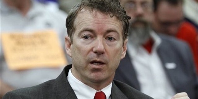 Sen. Rand Paul speaks to a crowd in a Kentucky Senate committee room in Frankfort, Ky., on Feb. 22.