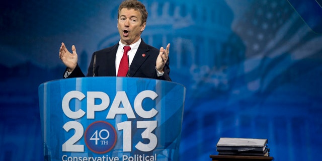 FILE: March 14, 2013: Sen. Rand Paul, R-Ky., speaks at the 40th annual Conservative Political Action Conference in National Harbor, Md.