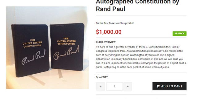 The priciest item in all the stores came from the Paul camp – a copy of the Constitution, signed by the Kentucky senator, for $1,000.
