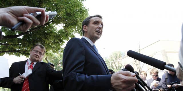 Republican presidential hopeful, former Minnesota Gov. Tim Pawlenty speaks to the media in front of the Cato Institute in Washington, Wednesday, May 25, 2011. (AP Photo/Alex Brandon)