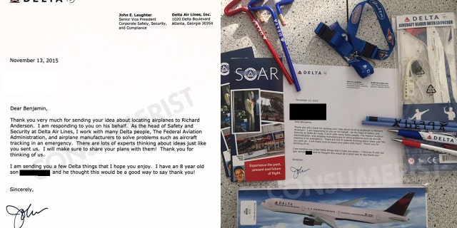 Delta swag sent to a young inventor.