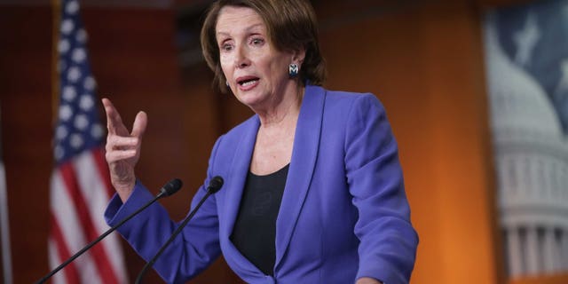 WASHINGTON, DC - FEBRUARY 12: House Minority Leader Nancy Pelosi (D-CA) holds her weekly news conference in the Capitol Visitors Center at the U.S. Captiol February 12, 2015 in Washington, DC. Pelosi said President Barack Obama's request for the authorization of the use of military force against the group calling itself the Islamic State is a rare document because it actually calls for a limitation in the president's authority to command U.S. forces. (Photo by Chip Somodevilla/Getty Images)