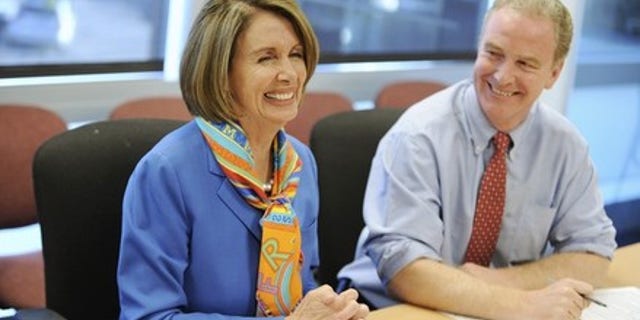 Tuesday: House Speaker Nancy Pelosi and Democratic Congressional Campaign Committee Chairman Chris Van Hollen talk to reporters at Democratic National Committee headquarters in Washington.