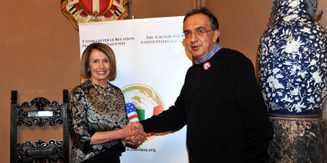 Friday: House Minority Leader Nancy Pelosi shakes hands with Sergio Marchionne, CEO of Fiat S.p.A. and Chrysler Group LLC, on the occasion of the annual dinner of the Council for the United States and Italy, in Rome.