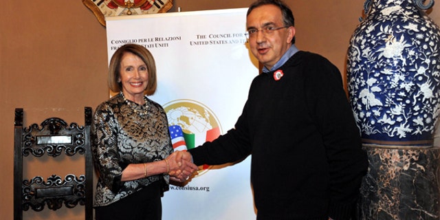 Friday: House Minority Leader Nancy Pelosi shakes hands with Sergio Marchionne, CEO of Fiat S.p.A. and Chrysler Group LLC, on the occasion of the annual dinner of the Council for the United States and Italy, in Rome.