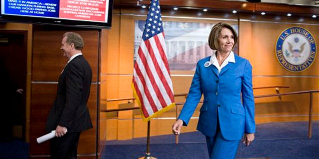 House Speaker Nancy Pelosi, right, and Rep. Chris Van Hollen, left, leave a news conference on Capitol Hill Sept. 30. (AP Photo)