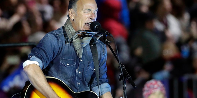 In this Nov. 7, 2016, file photo Bruce Springsteen performs during a Hillary Clinton campaign event at Independence Mall in Philadelphia.