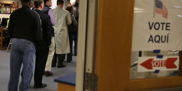 MCLEAN, VA - NOVEMBER 05: Voters line up at a polling station to cast their votes on Election Day November 5, 2013 at Spring Hill Elementary School in McLean, Virginia. Democratic gubernatorial candidate for Virginia Terry McAuliffee is running against Republican Ken Cuccinelli, the current attorney general of Virginia, to succeed Bob McDonnell to be the next Virginia governor. (Photo by Alex Wong/Getty Images)