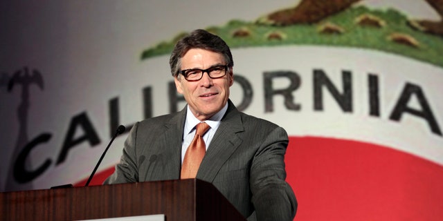 FILE: Texas Gov. Rick Perry gives the keynote speech at the California Republican Party convention in Anaheim, Calif.