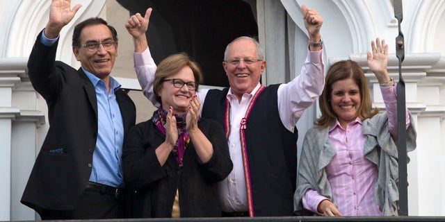 Pedro Pablo Kuczynski and wife Nancy Lange, flanked by his running mates Mercedes Araoz and Martin Vizcarra.