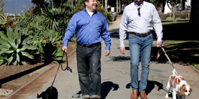 Feb. 23, 2012: This photo shows Steven May, right walking with his dog, Winnie beside his attorney, David Pisarra, walking his dog, Dudley in Santa Monica, Calif.
