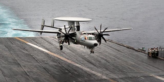 An E-2D Advanced Hawkeye. A Navy E-2D crashed Wednesday evening in Virginia, killing one person who was on board. Two others were rescued.