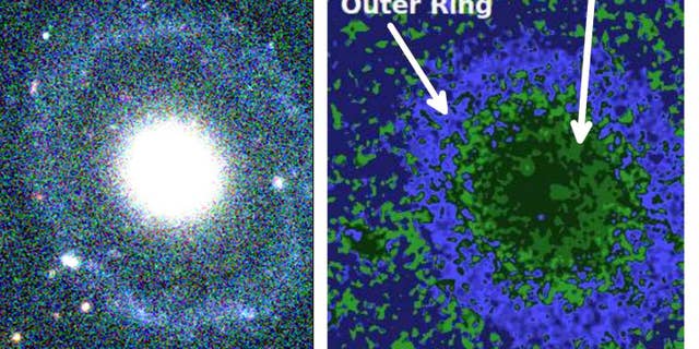 The newfound ringed galaxy PGC 1000714, seen here in a telescope image, is one of the rarest types of galaxies ever observed. The left panel shows a false-color image of PGC 1000714, while the right panel highlights the galaxy's outer ring (blue) and diffuse inner ring (light green).